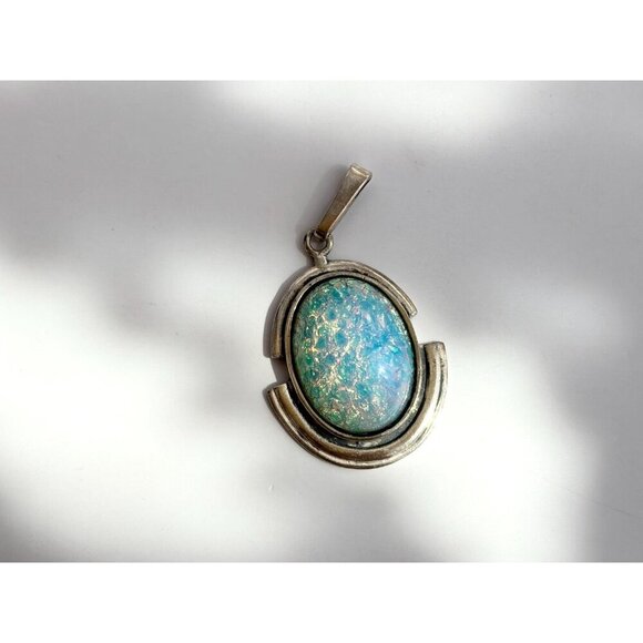 Opal Modernist Semi-Precious Gemstone Minimalist Sterling Silver Vintage Pendant - Picture 8 of 10